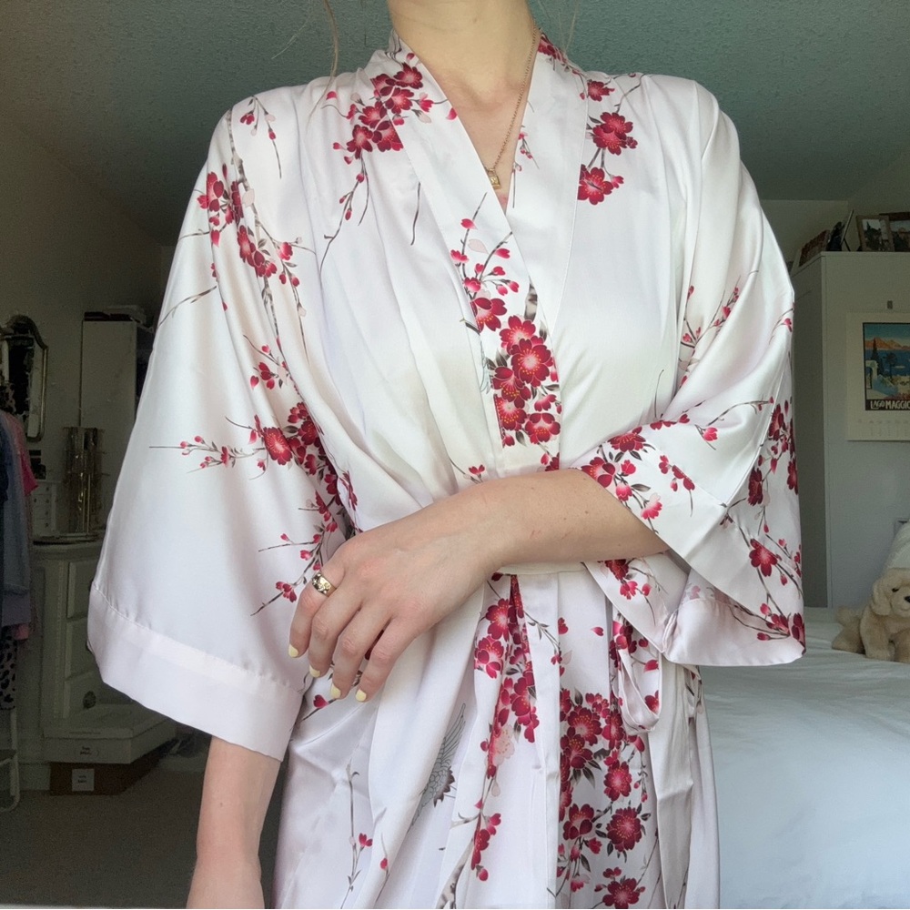 Pale Pink & Red Cherry Blossom Satin Kimono Dress… - image 3